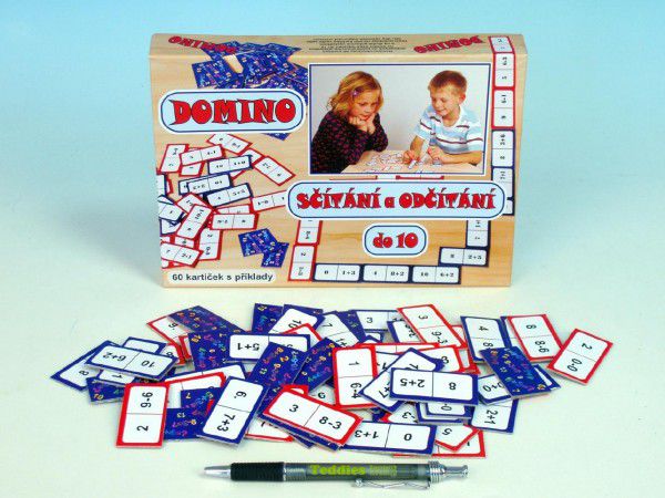 Domino sčítání a odčítání do 10 společenská hra 60ks v krabici 22x16x3cm Teddies
