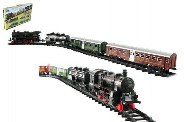 Teddies Vlak + 3 vagóny s kolejemi 24ks plast na baterie se světlem se zvukem v krabici 59x39x6cm Teddies