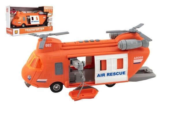 Teddies Vrtulník záchranářský plast 28cm na setrvačník na bat. se světlem se zvukem v krabici 32x19x12cm Teddies