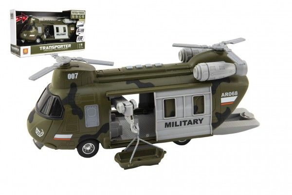 Teddies Vrtulník/Helikoptéra vojenská plast 28cm na baterie se světlem se zvukem v krabici 32x19x12cm Teddies