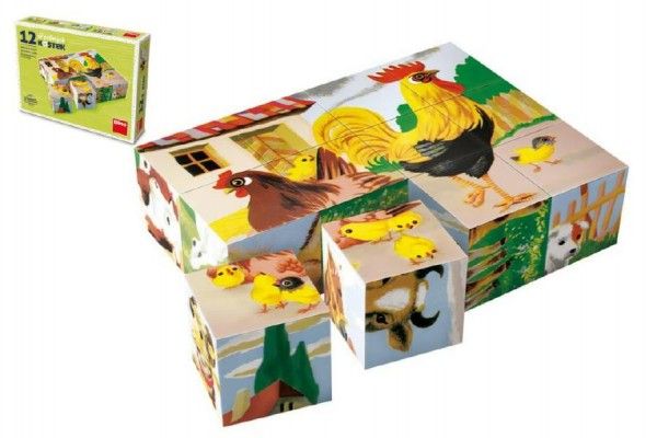 Kostky kubus Domácí zvířátka dřevo 12 ks v krabičce Teddies